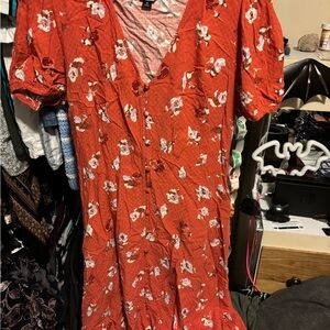 Universal Thread Rust coral Floral Midi Dress with Puff Sleeves